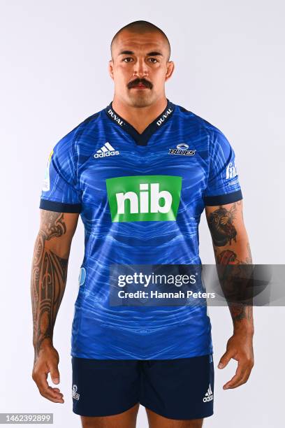 Marcel Renata poses during the Blues Super Rugby 2023 team headshots session at Blues HQ on January 25, 2023 in Auckland, New Zealand.