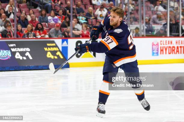 Connor McDavid of the Edmonton Oilers competes in the Honda NHL Accuracy Shooting during the 2023 NHL All-Star Skills Competition at FLA Live Arena...