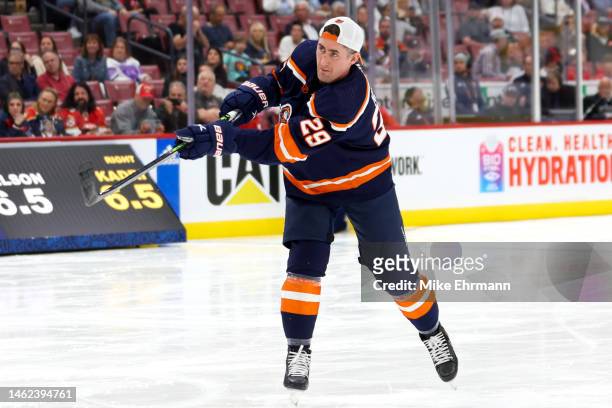 Brock Nelson of the New York Islanders competes in the Honda NHL Accuracy Shooting during the 2023 NHL All-Star Skills Competition at FLA Live Arena...