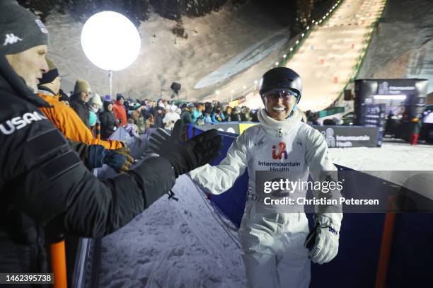Danielle Scott of Team Australia reacts after her jump during Women's Aerials Finals on day two of the Intermountain Healthcare Freestyle...