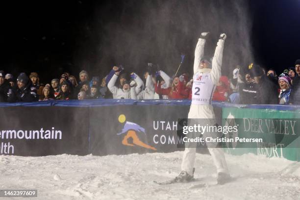 Danielle Scott of Team Australia reacts after her winning jump during Women's Aerials Finals on day two of the Intermountain Healthcare Freestyle...