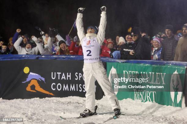 Danielle Scott of Team Australia reacts after her winning jump during Women's Aerials Finals on day two of the Intermountain Healthcare Freestyle...