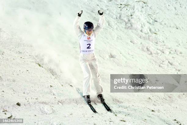 Danielle Scott of Team Australia celebrates after her winning jump during Women's Aerials Finals on day two of the Intermountain Healthcare Freestyle...