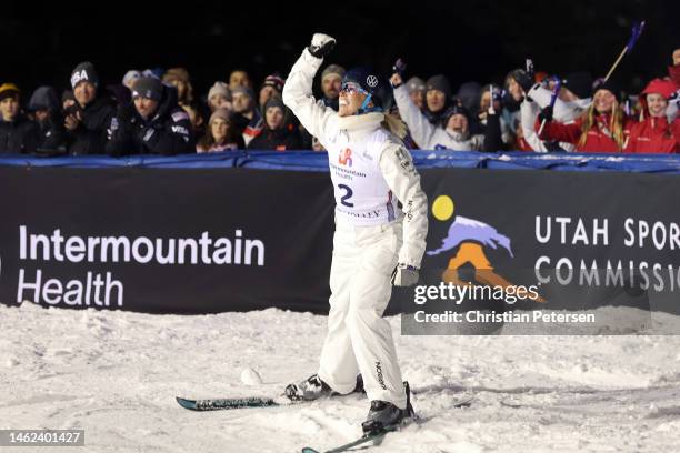 Danielle Scott of Team Australia celebrates after her winning jump during Women's Aerials Finals on day two of the Intermountain Healthcare Freestyle...