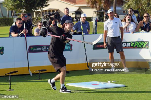 In this image released on February 3rd, Clayton Keller of the Arizona Coyotes takes a practice shot prior to the Chipotle NHL Pitch ‘n Puck event...