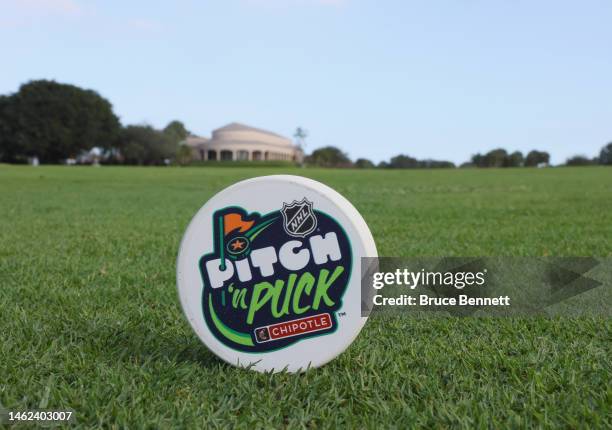 In this image released on February 3rd, a closeup view of the puck used for the Chipotle NHL Pitch ‘n Puck event which is part of the NHL All-Star...