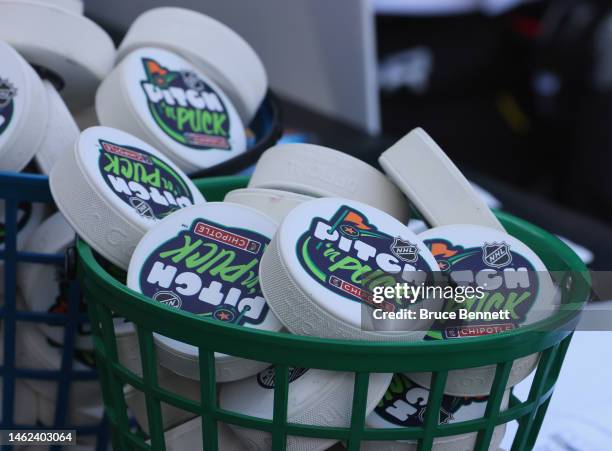 In this image released on February 3rd, a closeup view of the pucks used for the Chipotle NHL Pitch ‘n Puck event which is part of the NHL All-Star...