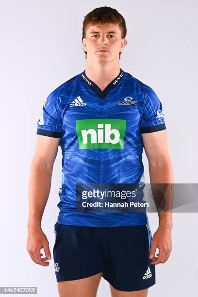 Josh Beehre poses during the Blues Super Rugby 2023 team headshots session at Blues HQ on January 25, 2023 in Auckland, New Zealand.