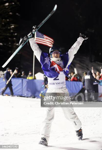 Danielle Scott of Team Australia celebrates after winning the Women's Aerials Finals on day two of the Intermountain Healthcare Freestyle...