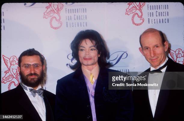 View of, from left, Rabbi Shmuly Boteach, American Pop & R&B musician Michael Jackson , and Dr Stanley Greenspan as they attend the G&P Foundation's...