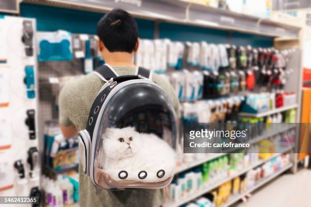 man at the store with kitten - pet care supplies - cat in pet backpack - latin american and hispanic shopping bags bildbanksfoton och bilder