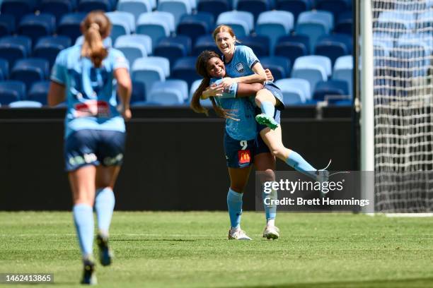 Cortnee Vine of Sydney FC celebrates scoring a goal with Madison Haley of Sydney FC during the round 13 A-League Women's match between Sydney FC and...