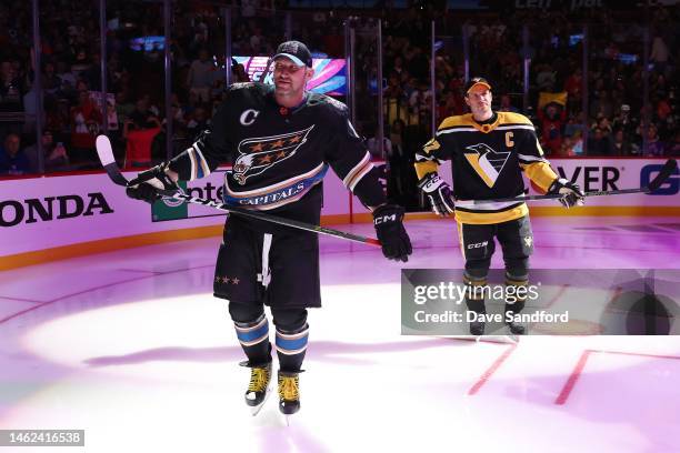 Alex Ovechkin of the Washington Capitals and Sidney Crosby of the Pittsburgh Penguins skate during the Great Clips NHL Breakaway Challenge event...