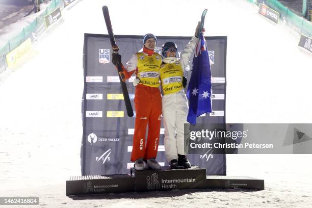New season points leaders Pirmin Werner of Team Switzerland and Danielle Scott of Team Australia pose on the podium following the Men's and Women's...