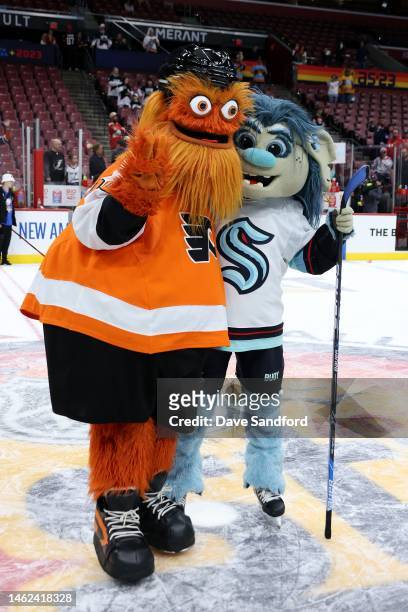 Gritty of the Philadelphia Flyers and Buoy the Troll of the Seattle Kraken during the 2023 NHL All-Star Mascot Game at FLA Live Arena on February 03,...