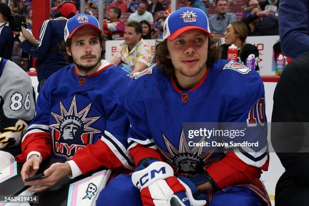Igor Shesterkin and Artemi Panarin of the New York Rangers look on in the Honda NHL Accuracy Shooting event during the 2023 NHL All-Star Skills...