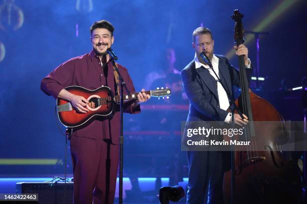 Marcus Mumford and Ted Dwane of Mumford & Sons perform onstage during MusiCares Persons of the Year Honoring Berry Gordy and Smokey Robinson at Los...
