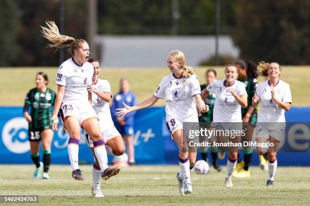 Alana Jancevski of Glory celebrates a goal during the round 13 A-League Women's match between Western United and Perth Glory at Morshead Park...