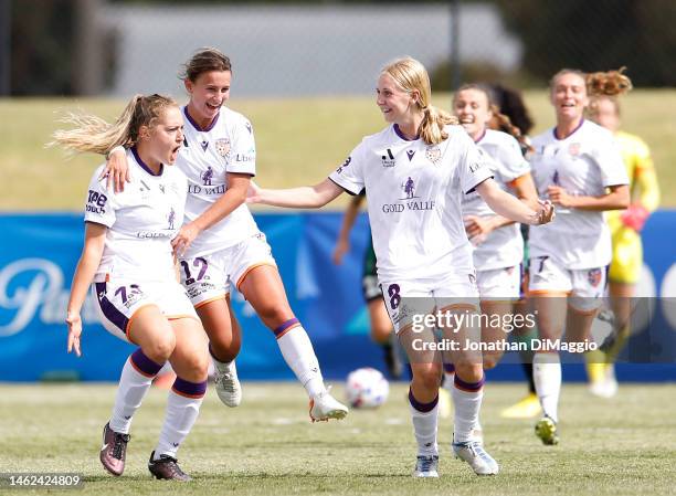 Alana Jancevski of Glory celebrates a goal during the round 13 A-League Women's match between Western United and Perth Glory at Morshead Park...