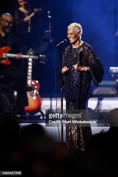 Dionne Warwick speaks onstage during MusiCares Persons of the Year Honoring Berry Gordy and Smokey Robinson at Los Angeles Convention Center on...