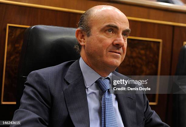 Spanish Economy Minister Luis de Guindos attends a parliamentary Q&A session on June 13, 2012 in Madrid, Spain. Spain has requested financial support...