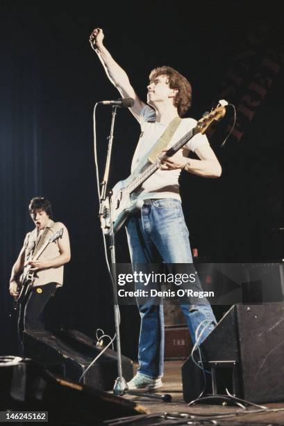 English singer, songwriter and musician Tom Robinson in concert, circa 1978.
