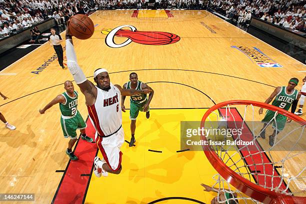 LeBron James of the Miami Heat goes in for a dunk against the Boston Celtics in Game Seven of the Eastern Conference Finals during the 2012 NBA...