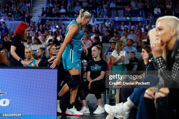 Lauren Jackson of the Flyers leaves the court injured during the round 13 WNBL match between Southside Flyers and Sydney Flames at John Cain Arena,...