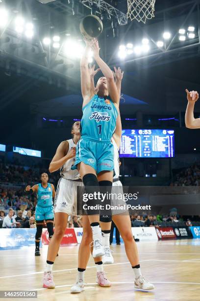 Rebecca Cole of the Flyers pump fakes and shoots during the round 13 WNBL match between Southside Flyers and Sydney Flames at John Cain Arena, on...