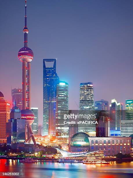 waterfront night view of pudong, china - shanghai stock pictures, royalty-free photos & images