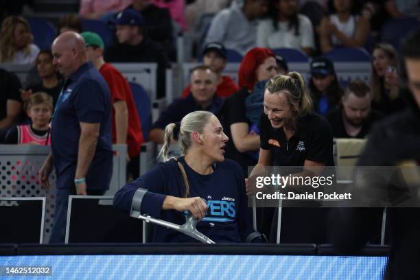 Lauren Jackson of the Flyers is seen with crutches on the bench after leaving the court injured during the round 13 WNBL match between Southside...