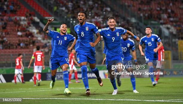 Cher Ndour of Italy celebrates with teammates after scoring their side's first goal during the UEFA European Under-19 Championship Finals 2022/23...