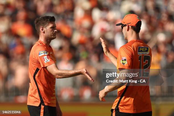 David Payne of the Scorchers celebrates with Matthew Kelly of the Scorchers after taking the wicket of Josh Brown of the Heat during the Men's Big...