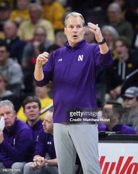 Head coach Chris Collins of the Northwestern Wildcats during the second half against the Iowa Hawkeyes at Carver-Hawkeye Arena, on January 31, 2023...