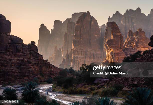 sunset over the al disah canyon in saudi arabia - riverbed stock pictures, royalty-free photos & images