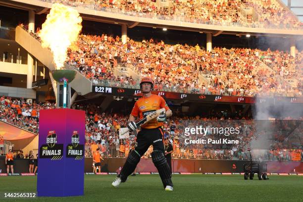 Cameron Bancroft of the Scorchers walks out to open the batting during the Men's Big Bash League Final match between the Perth Scorchers and the...
