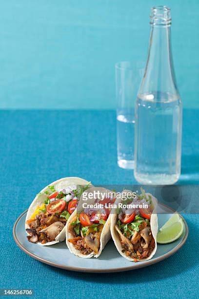 plate of 3 vegetarian barbeque tacos - taco fotografías e imágenes de stock