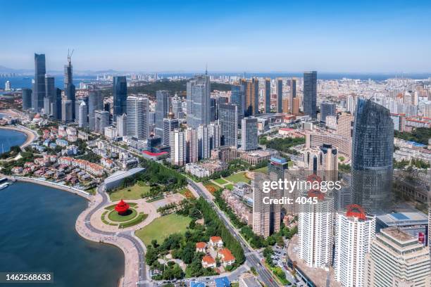 Aerial photo of urban landscape in Qingdao coastal bay area