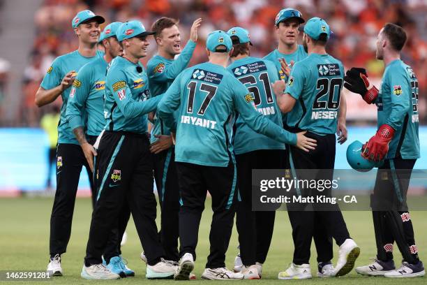 Matt Kuhnemann of the Heat celebrates after taking the wicket of Cameron Bancroft of the Scorchers during the Men's Big Bash League Final match...