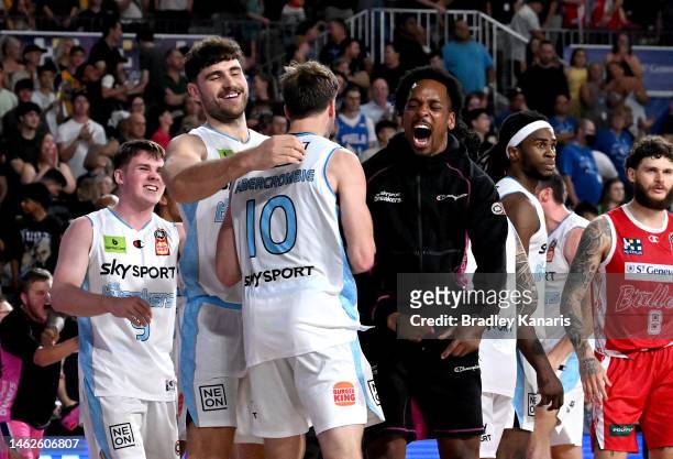 The Breakers players celebrate victory after the round 18 NBL match between Brisbane Bullets and New Zealand Breakers at Nissan Arena, on February 04...
