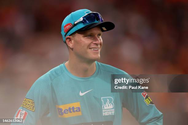 Matt Kuhnemann of the Heat looks on during the Men's Big Bash League Final match between the Perth Scorchers and the Brisbane Heat at Optus Stadium,...