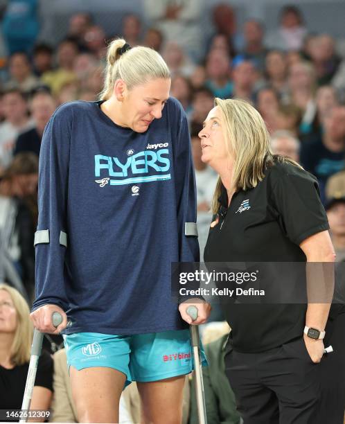 Lauren Jackson of the Flyers and Cheryl Chambers, Coach of the Flyers look on in the post match presentation and tribute during the round 13 WNBL...