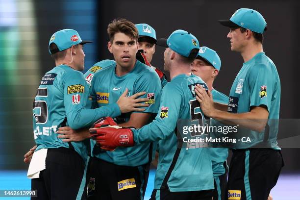 Xavier Bartlett of the Heat celebrates after taking the wicket of Josh Inglis of the Scorchers during the Men's Big Bash League Final match between...