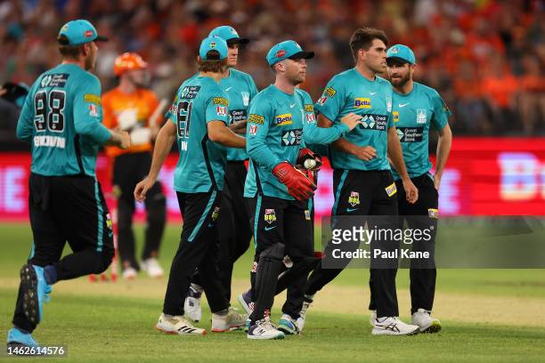 Xavier Bartlett of the Heat celebrates the run-out of Ashton Turner of the Scorchers during the Men's Big Bash League Final match between the Perth...