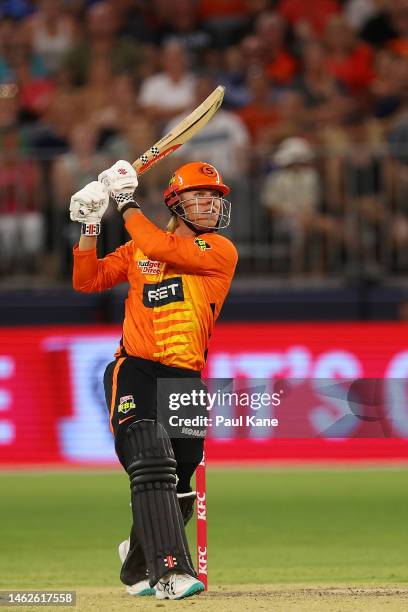 Cooper Connolly of the Scorchers bats during the Men's Big Bash League Final match between the Perth Scorchers and the Brisbane Heat at Optus...