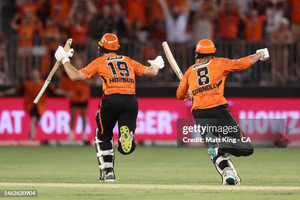 Nick Hobson of the Scorchers and Cooper Connolly of the Scorchers celebrate victory during the Men's Big Bash League Final match between the Perth...