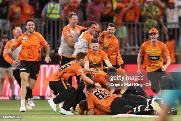 The Scorchers celebrate victory during the Men's Big Bash League Final match between the Perth Scorchers and the Brisbane Heat at Optus Stadium on...