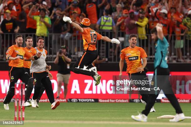 The Scorchers celebrate victory during the Men's Big Bash League Final match between the Perth Scorchers and the Brisbane Heat at Optus Stadium on...
