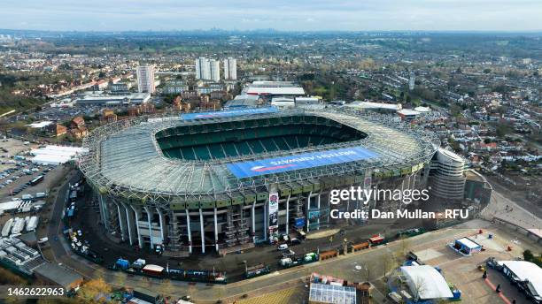 An aerial view of Twickenham Stadium prior to the Six Nations Rugby match between England and Scotland at Twickenham Stadium on February 04, 2023 in...