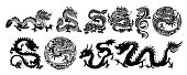 Traditional Chinese Dragon. Set of Chinese character translate dragon, vector illustration. Hand made. Drawing made with a brush strokes. Tattoo design. New Year 2024 year of the dragon zodiac.